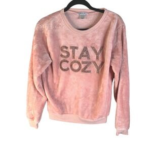 Em & Alfie Women's Pink Stay Cozy Glitter Faux Fur Plush‎ Sweatshirt Size Large